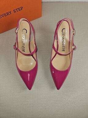 Fuchsia Patent Pointed-Toe Slingback Heels